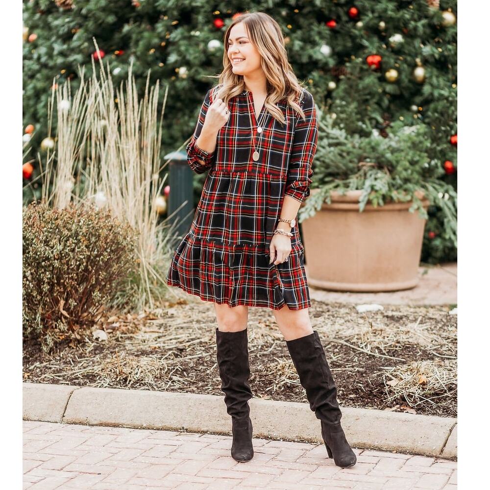 [LOFT] Plaid Split Neck Tiered Long Sleeve Flannel Mini Dress Relaxed Sz Large L